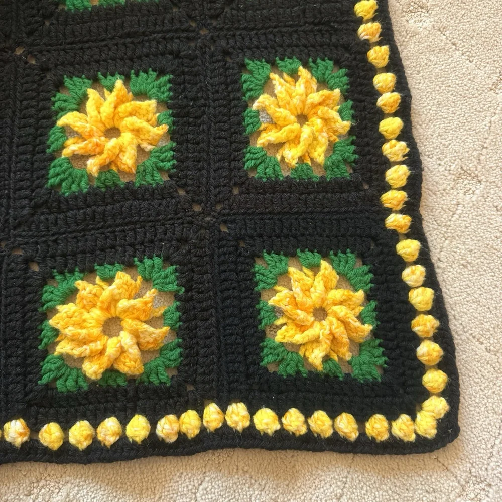 Vtg Handmade Crochet Afghan 3D Flowers Throw Lap Blanket 68” X 53” Yellow/black